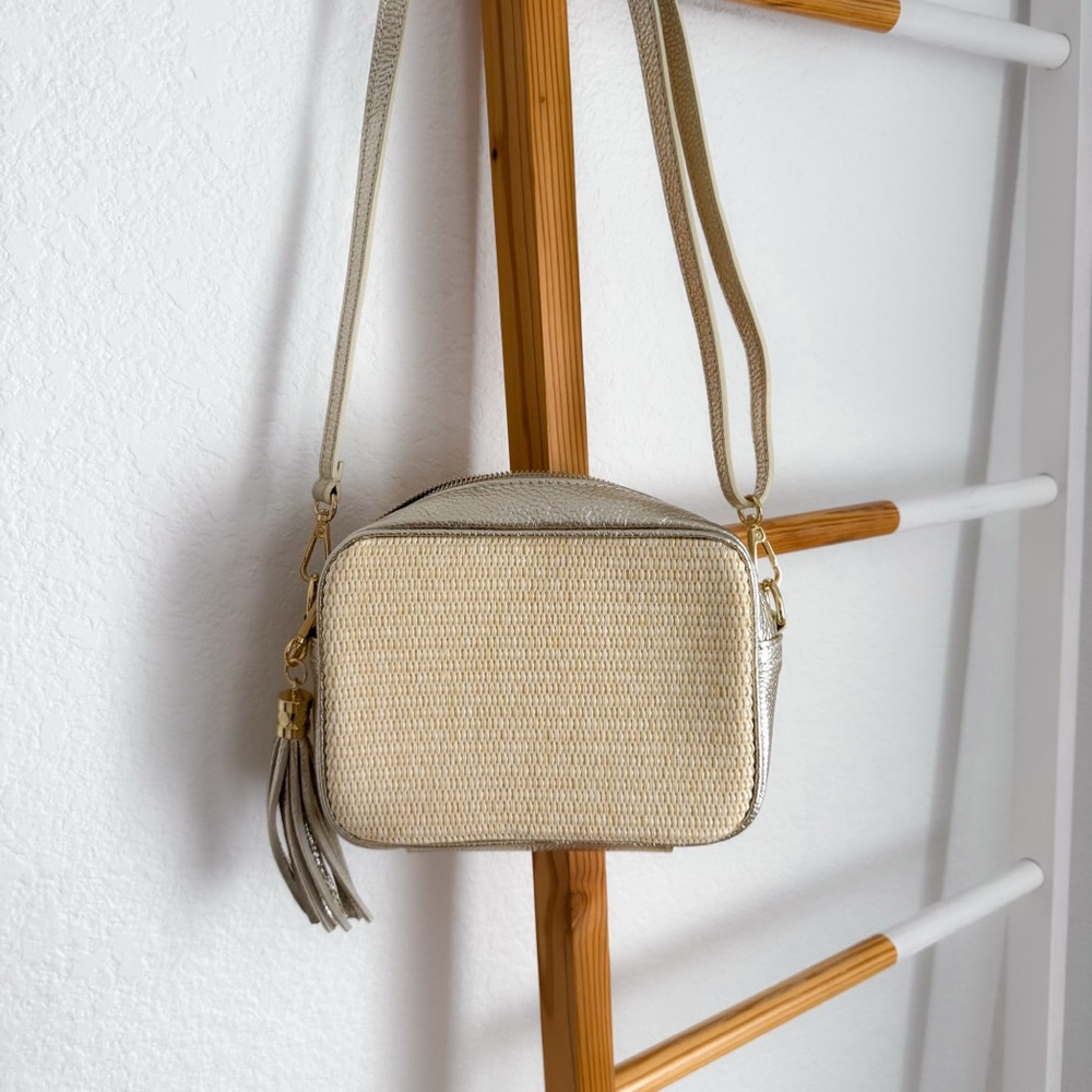 Gold & Natural Woven Crossbody Bag with Tassel - Picture 7 of 14
